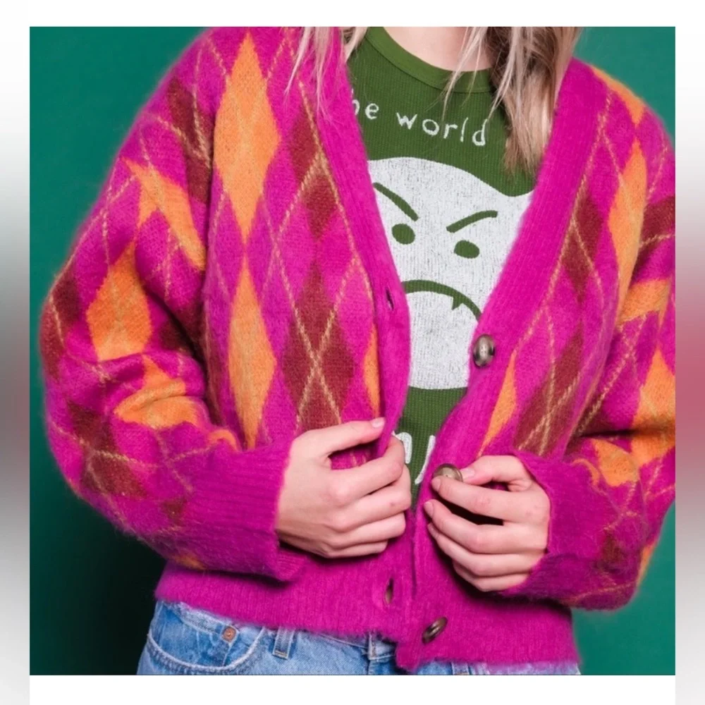 DayDreamer Cardigan Argyle Fuchsia Sunset  Orange - Picture 5 of 9